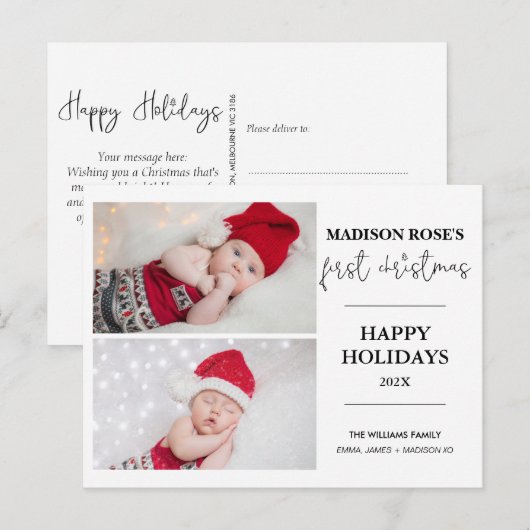 Moderner Baum Zwei Foto Erste Weihnachtskarte Postkarte (Vorne/Hinten)