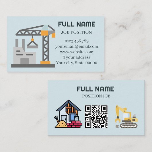 Moderner Bauunternehmer QR-Code Hellblau Visitenkarte (Vorne/Hinten)