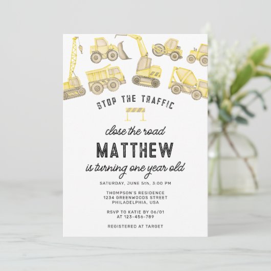 Moderner Bauwagen erster Geburtstag Einladung (Stehend Vorderseite)