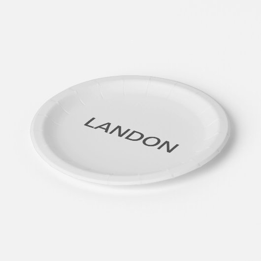 Moderner bearbeitbarer Text | Weiß & Dunkelgrau Pappteller (Schrägansicht)