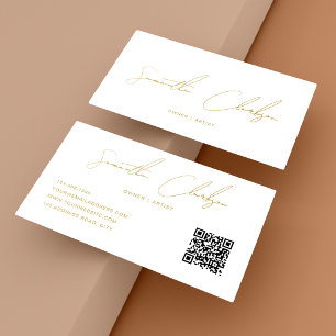 Moderner Beige Gold Handschriftlicher QR-Code Visitenkarte
