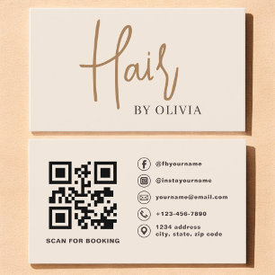 Moderner Beige Neutraler QR-Code-Friseur Visitenkarte