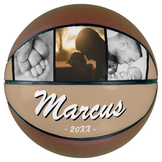 Moderner Beige Vater Name Keepake 3 FotoCollage Basketball (Vorderseite)