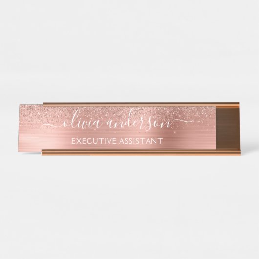Moderner Beruflicher Rose Gold Sparkle Glitzer Des Schreibtischnamensplakette (Vorderseite )