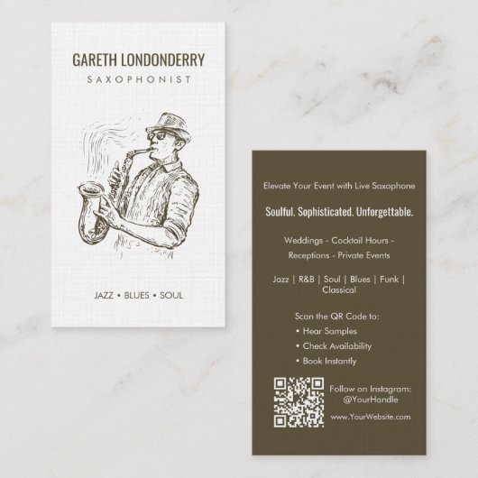 moderner beruflicher Saxophonist-Musiker qr Visitenkarte (Vorne/Hinten)