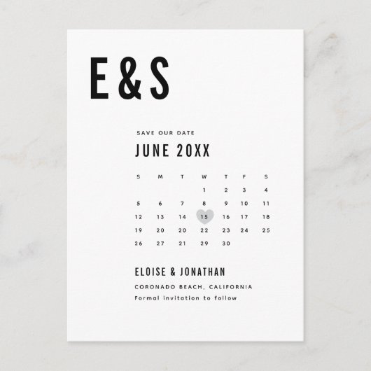 Moderner Big Bold Monogram Kalender Save the Date Postkarte (Vorderseite)