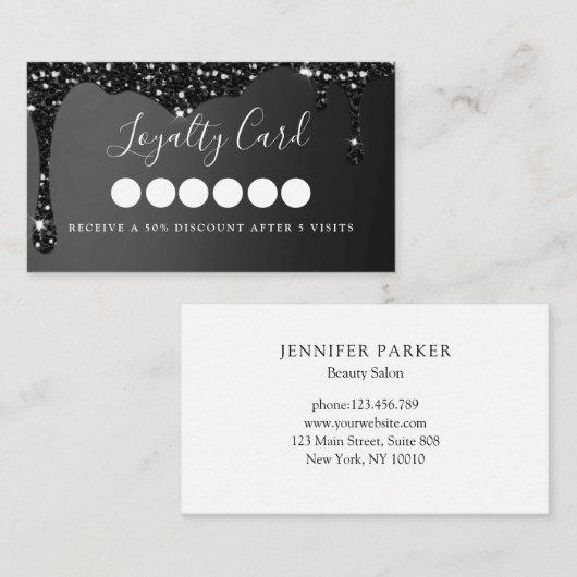 Moderner Black Glitzer Drop Salon & Wellness-Cente Visitenkarte (Vorne/Hinten)