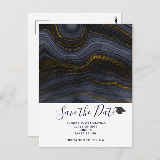 Moderner Black & Gold Agate Abschluss Save the Dat Postkarte (Vorne/Hinten)