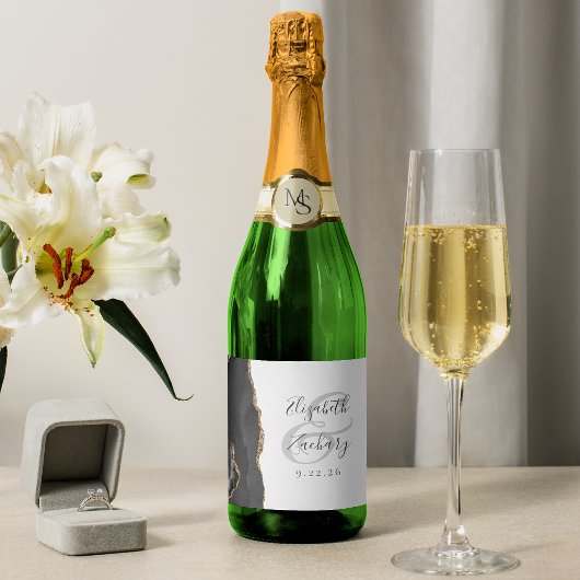 Moderner Black Gold Agate Hochzeit Sparkling Wine  Schaumweinetikett