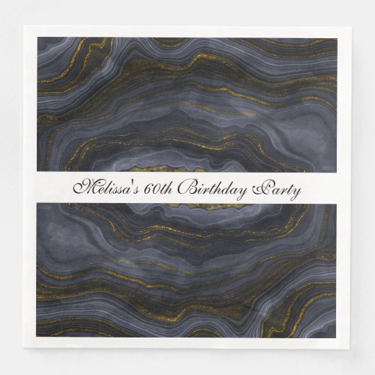 Moderner Black & Gold Agate Stone Abstrakt Geburts Serviette (Vorderseite)