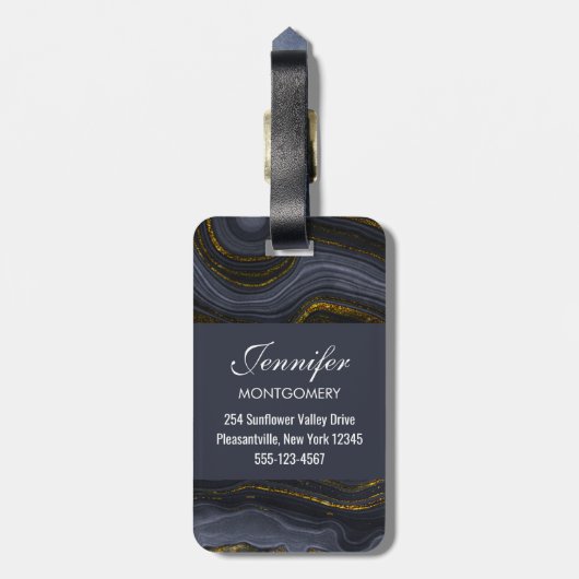 Moderner Black & Gold Agate Stone Abstrakt Gepäckanhänger (Rückseite vertikal)