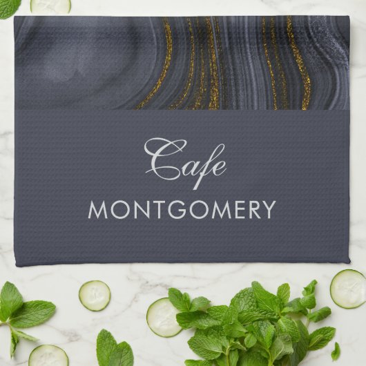 Moderner Black & Gold Agate Stone Abstrakt Geschirrtuch (Gefaltet)