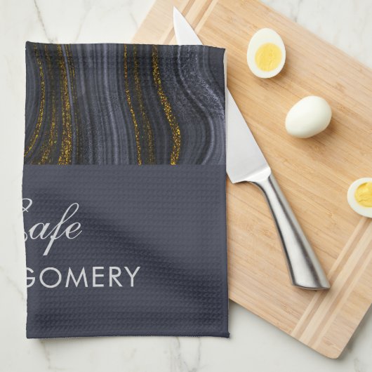 Moderner Black & Gold Agate Stone Abstrakt Geschirrtuch (Viertel Falte)