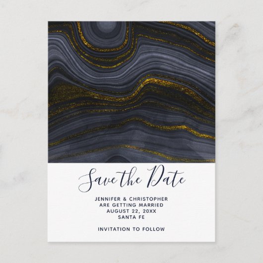 Moderner Black & Gold Agate Stone Save the Date Postkarte (Vorderseite)