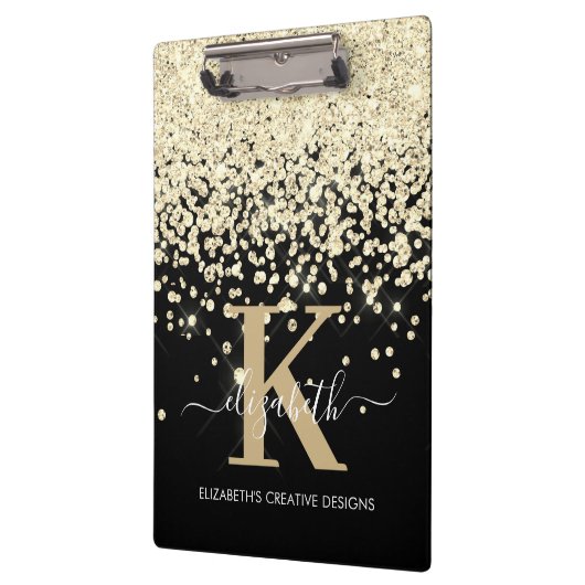 Moderner Black Gold Diamond Glitzer Mit Monogramm Klemmbrett (Links)