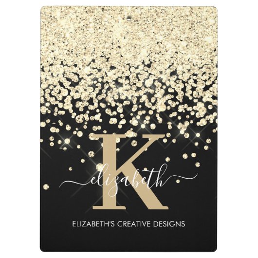 Moderner Black Gold Diamond Glitzer Mit Monogramm Klemmbrett (Rückseite)