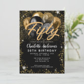 Moderner Black Gold Glitzer Ballon jedes Alter Geb Einladung (Stehend Vorderseite)
