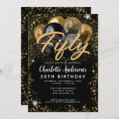 Moderner Black Gold Glitzer Ballon jedes Alter Geb Einladung (Vorne/Hinten)