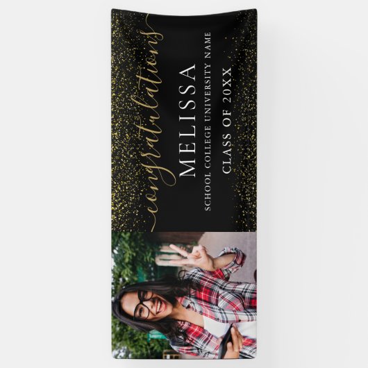Moderner Black Gold Glitzer Foto Abschluss Banner (Vertikal)
