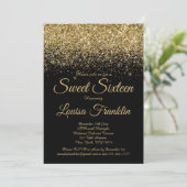 Moderner Black & Gold Glitzer Sweet 16 Einladung (Stehend Vorderseite)