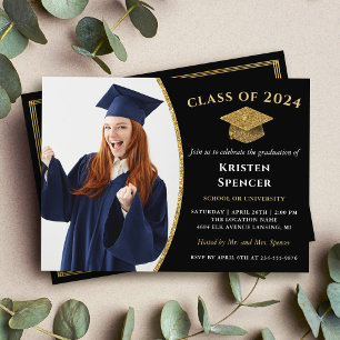 Moderner Black Gold Graduate Foto Abschluss Einladung