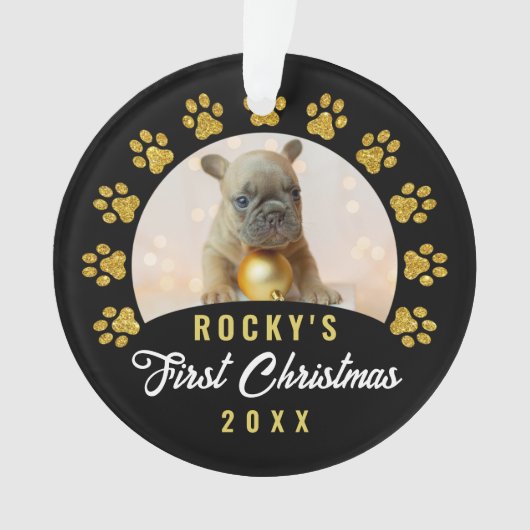 Moderner Black Gold Puppy Dog Erstes Weihnachtsfes Ornament (Vorderseite)
