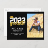 Moderner Black Gold Script Foto Abschluss Ankündigungspostkarte (Vorne/Hinten)