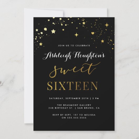 Moderner Black & Gold Star Confetti Sweet 16 Einladung (Vorderseite)