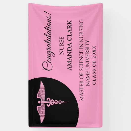 Moderner Black & Pink Caduceus Nurse Rn Abschluss Banner (Vertikal)