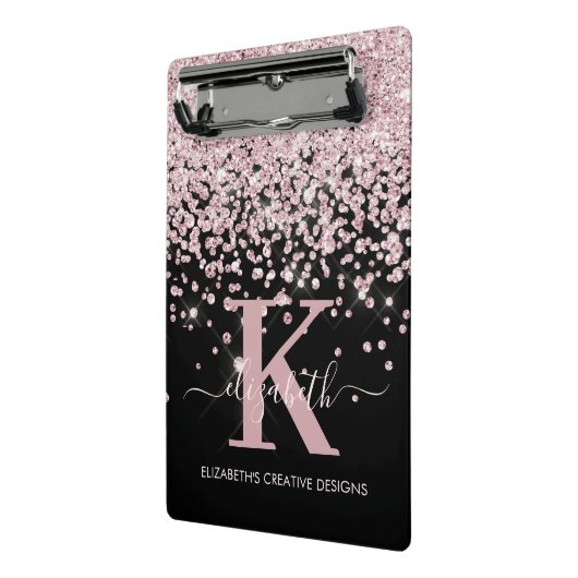 Moderner Black Pink Rose Gold Glitzer Mit Monogram Mini Klemmbrett (Gewinkelt2)