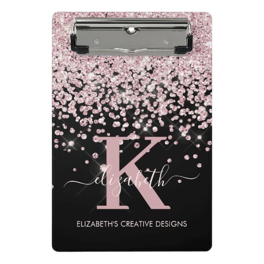 Moderner Black Pink Rose Gold Glitzer Mit Monogram Mini Klemmbrett (Vorderseite)