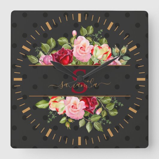 Moderner Black Polka Dot und Rose Personalisiert Quadratische Wanduhr (Vorderseite)