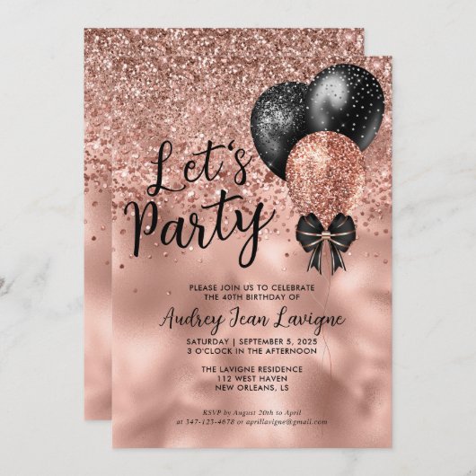 Moderner Black Rose Gold Ballon Lasse Party Geburt Einladung (Vorne/Hinten)