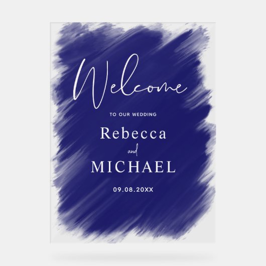 Moderner, blau gestrichener monogramm Hochzeitsemp Acrylschild (Vorderseite)