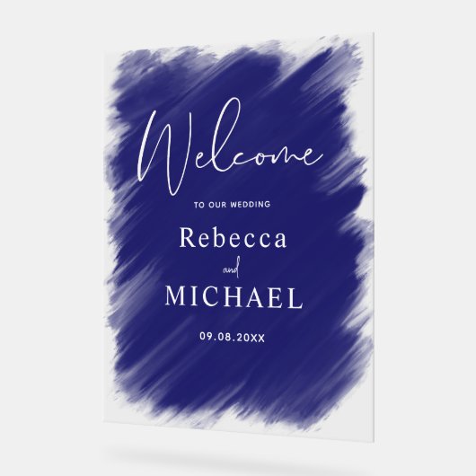 Moderner, blau gestrichener monogramm Hochzeitsemp Acrylschild (Winkel)