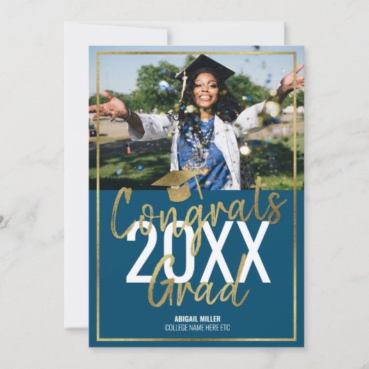 Moderner Blau- und Gold-Script-Abschluss Ankündigung (Vorderseite)