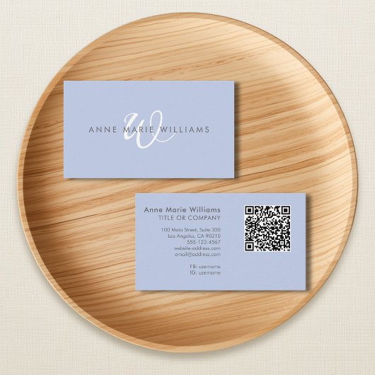 Moderner Blau-Weiß-Schrift-Monogramm-QR-Code Visitenkarte