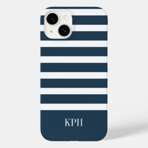 Moderner, blau-weißer Streifen mit Monogramm Case-Mate iPhone 14 Hülle