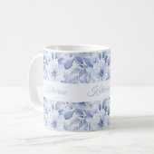 Moderner blauer Aquarell-Blumenmuster-Name Kaffeetasse (Vorderseite Links)