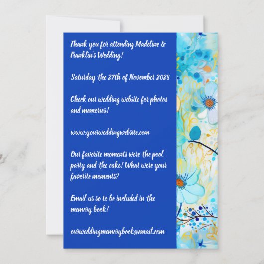 Moderner Blauer Blumendruck Hochzeitsspass Dankeskarte (Rückseite)