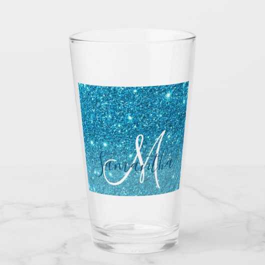 Moderner blauer Glitzer Glitzern Personalisiert Na Glas (Vorderseite)