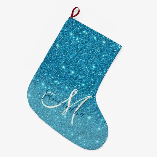 Moderner blauer Glitzer Glitzern Personalisiert Na Großer Weihnachtsstrumpf (Vorderansicht (hängend))
