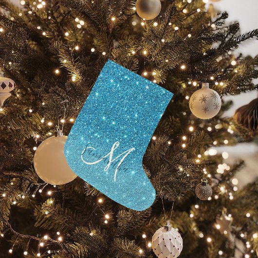 Moderner blauer Glitzer Glitzern Personalisiert Na Großer Weihnachtsstrumpf