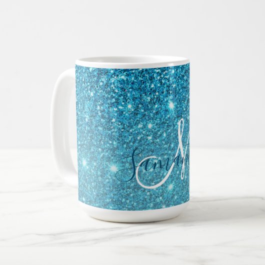 Moderner blauer Glitzer Glitzern Personalisiert Na Kaffeetasse (Vorderseite Links)