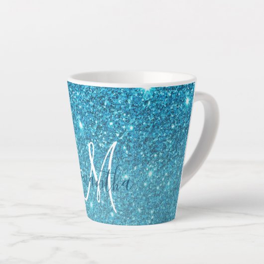 Moderner blauer Glitzer Glitzern Personalisiert Na Milchtasse (Rechte Ecke)