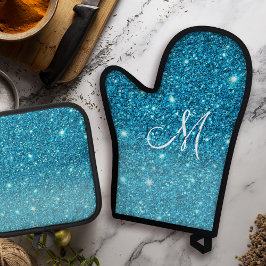 Moderner blauer Glitzer Glitzern Personalisiert Na Ofenhandschuh & Topflappen-Set
