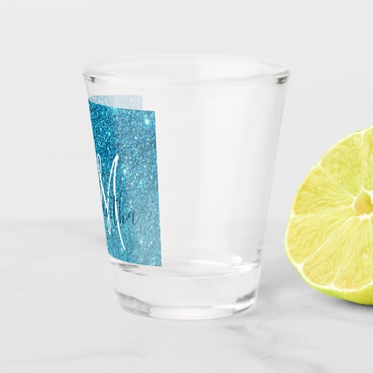 Moderner blauer Glitzer Glitzern Personalisiert Na Schnapsglas (Rechts)