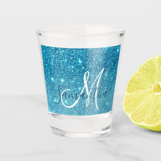 Moderner blauer Glitzer Glitzern Personalisiert Na Schnapsglas (Vorderseite)