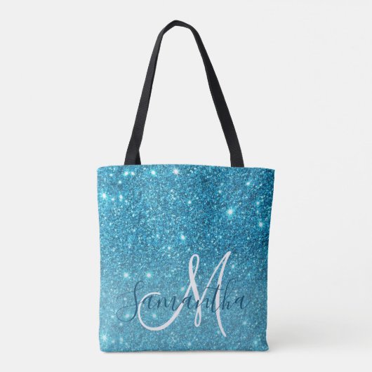 Moderner blauer Glitzer Glitzern Personalisiert Na Tasche (Rückseite)