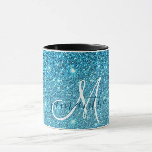Moderner blauer Glitzer Glitzern Personalisiert Na Tasse (Zentrum)